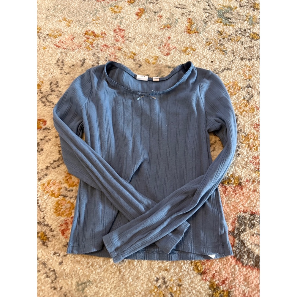 Gap Kids Girls Blue Ribbed Long Sleeve Top Bow Detail Picot Trim Size L 10
